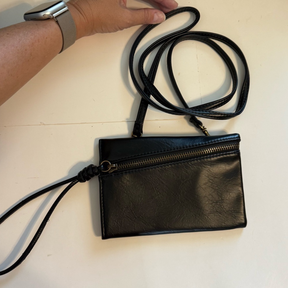 Small Black Faux Vegan Leather Diagonal Zip Mini Shoulder Bag Purse Wristlet